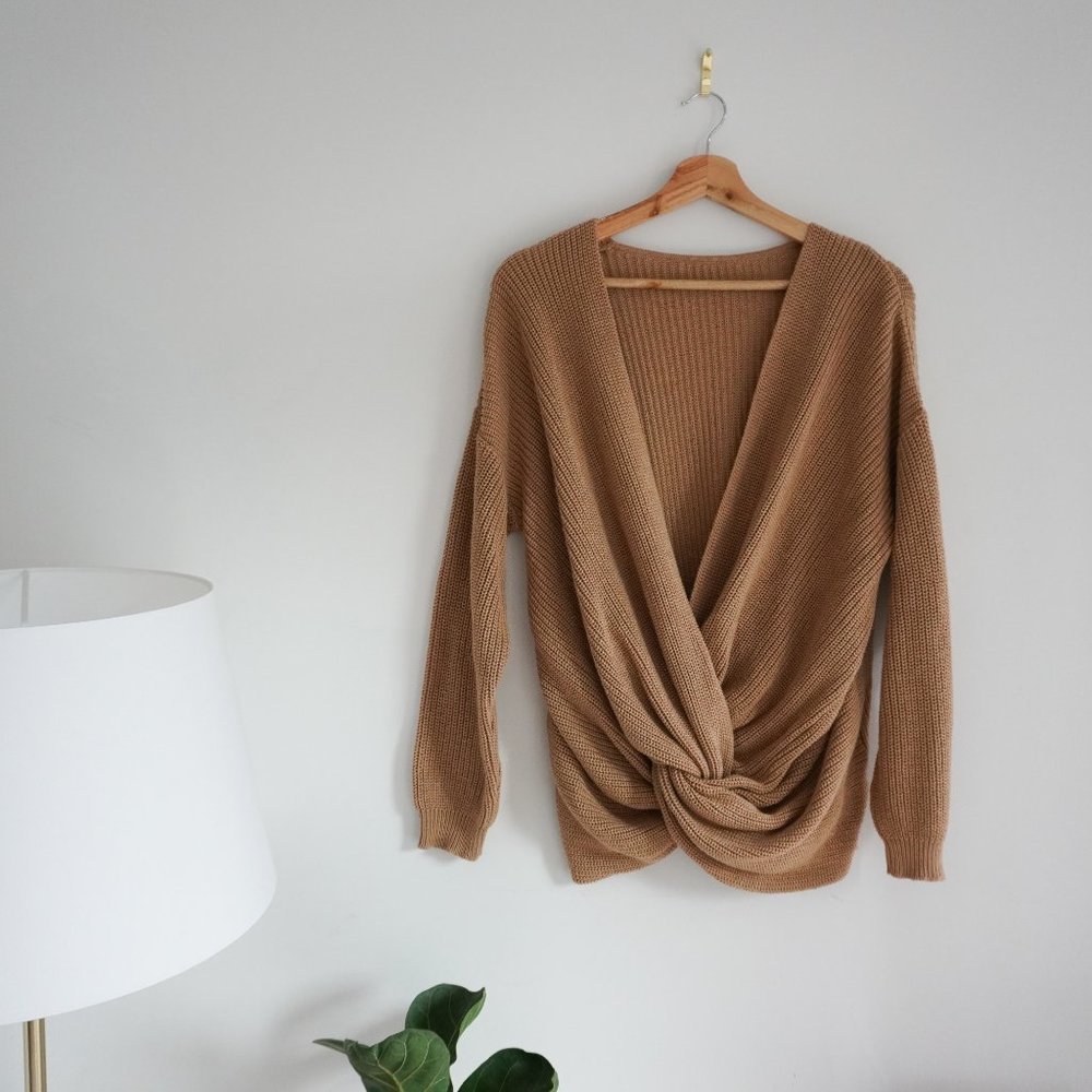 NA-KD twisted front sweater, long sleeve, light brown/tan, Medium
